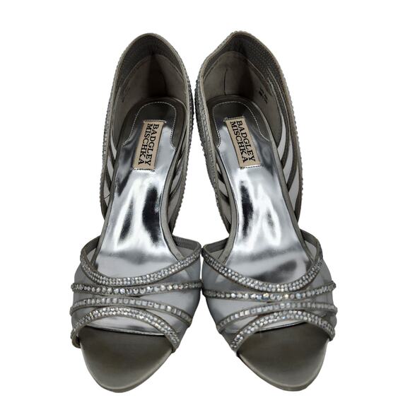 Badgley Mischka Silver Crystal Rhinestone Open Toe Leather Sole Pumps Size 7.5 - Picture 6 of 6